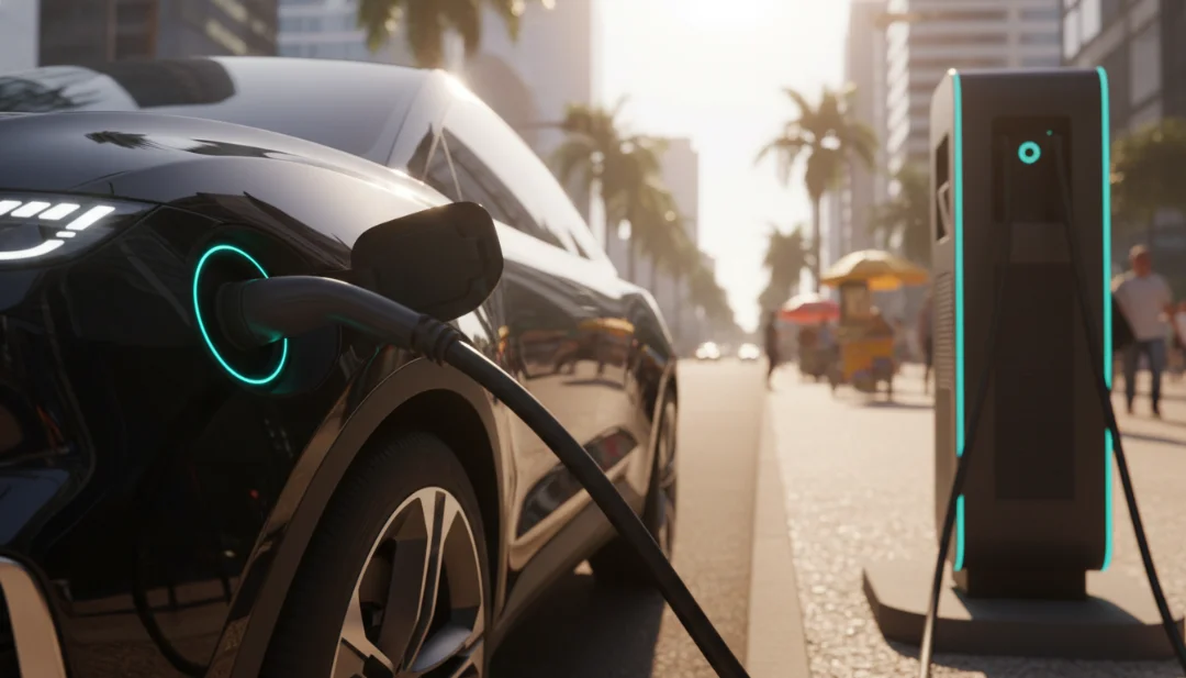 A sleek 2026 electric SUV charging at a high-speed station in a sun-drenched Brazilian city. The asphalt shows a slight heat haze under the 40°C summer sun. Sharp focus on the heavy-duty charging cable plugged into the car's side port with glowing status LEDs. Realistic urban environment with palm trees in the blurred background, cinematic lighting, 4k.