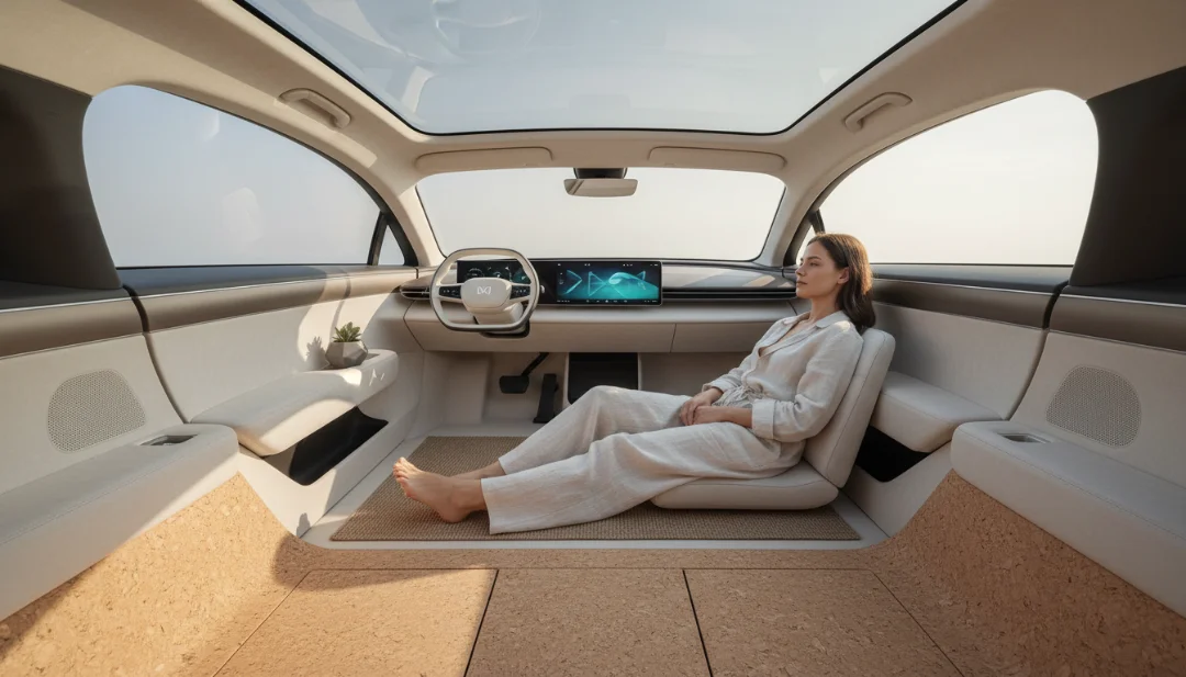 Lifestyle interior shot of a 2026 electric vehicle cabin, focusing on the flat floor architecture and increased legroom for rear passengers. A person is comfortably seated, highlighting the ergonomic benefits of the integrated CTB battery. Minimalist high-tech interior design with premium sustainable materials, soft natural light through a panoramic sunroof, 8k photorealistic quality.