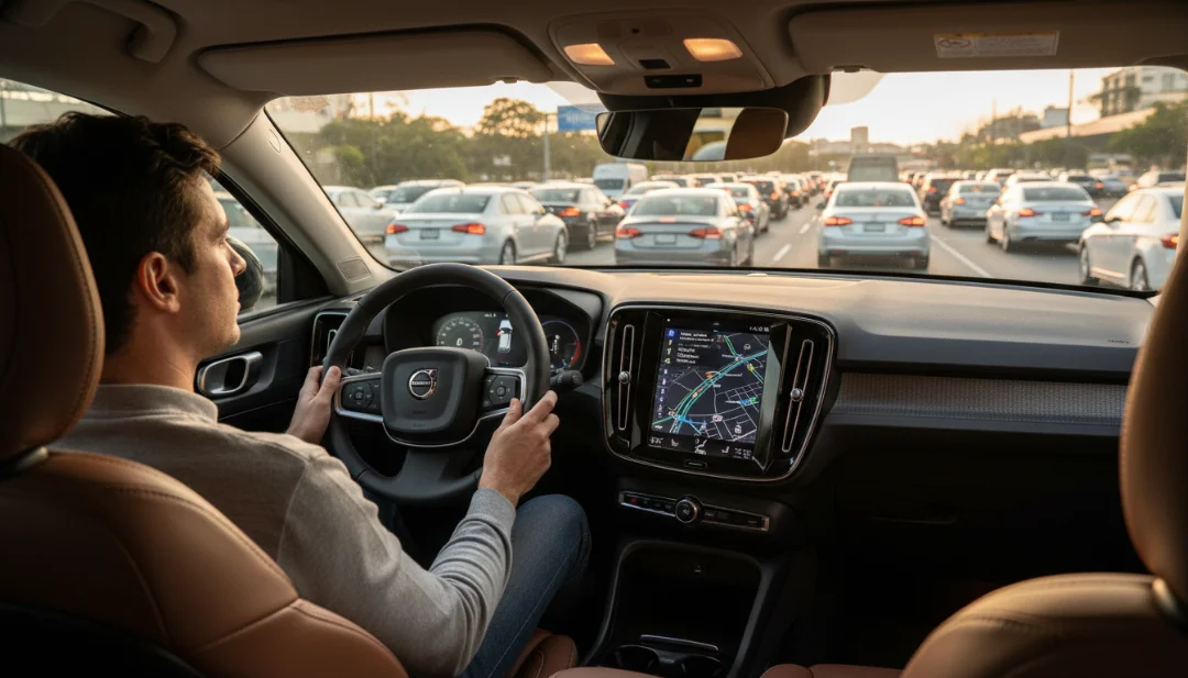 Action/Context Shot: Interior POV from the passenger seat of a modern Volvo XC40 Recharge navigating through heavy São Paulo traffic on Marginal Pinheiros. The driver looks relaxed and stress-free, contrasting with the dense rows of cars visible through the windshield. The focus is on the large vertical infotainment screen displaying a navigation map and energy flow. Warm ambient cabin lighting, premium leather textures on the dashboard, realistic morning sunlight filtering through the window, 4k, cinematic composition.