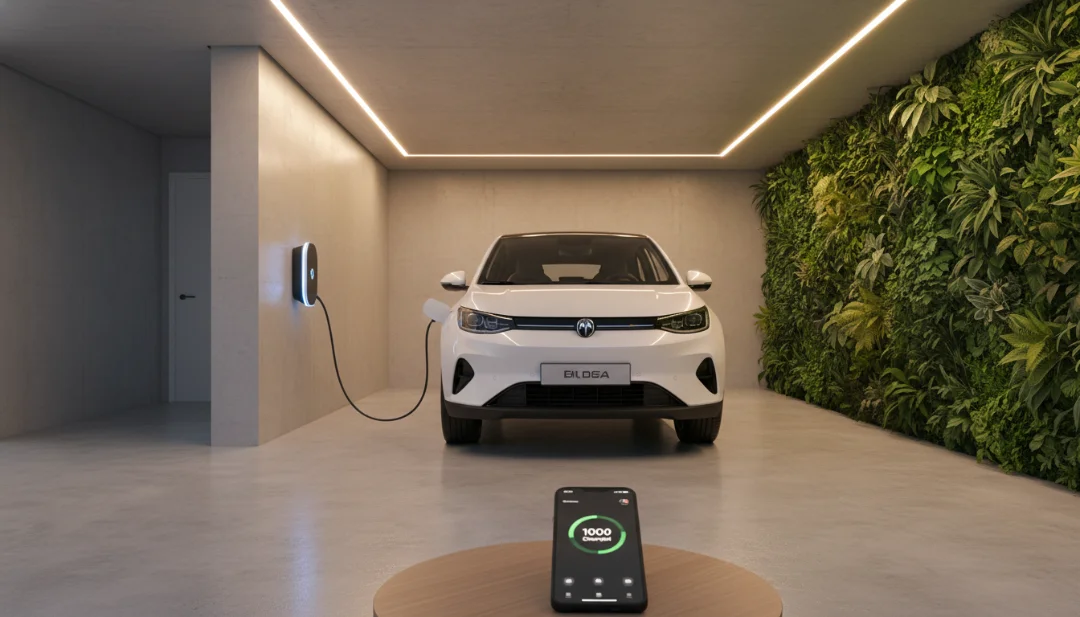 Infographic/Lifestyle: A high-end lifestyle shot of a modern, minimalist residential garage in a São Paulo luxury building. A white GWM Ora 03 is parked next to a sleek, wall-mounted smart EV charger. The environment is clean with polished concrete floors, a vertical green garden on one wall, and soft architectural lighting. A smartphone rests on a nearby wooden table showing an app with battery status '100% Charged'. Professional architectural photography, 4k, realistic lighting, serene atmosphere.