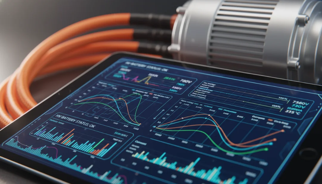 Detail Shot: An extreme macro close-up of a high-tech automotive diagnostic tablet screen displaying complex software graphs and high-voltage battery data. In the soft-focus background, the bright orange high-voltage cables of an electric motor are visible. Cinematic lighting with a shallow depth of field, highlighting the transition from mechanical to digital maintenance, 4k, sharp textures.