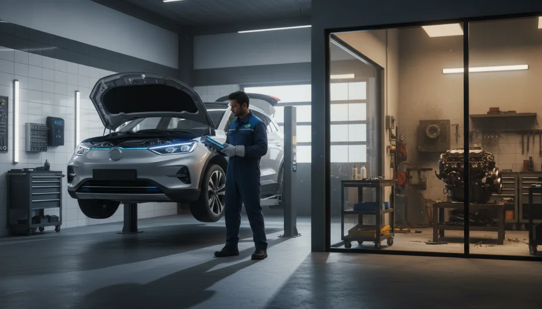 Action/Context Shot: A professional mechanic in a state-of-the-art, clean workshop environment inspecting a modern electric vehicle on a hydraulic lift. The mechanic is wearing insulated safety gloves and holding a digital scanner. The background shows a stark contrast between a clean EV bay and a traditional, slightly greasy ICE engine bay. Cinematic lighting, 8k resolution, photorealistic, dramatic shadows.