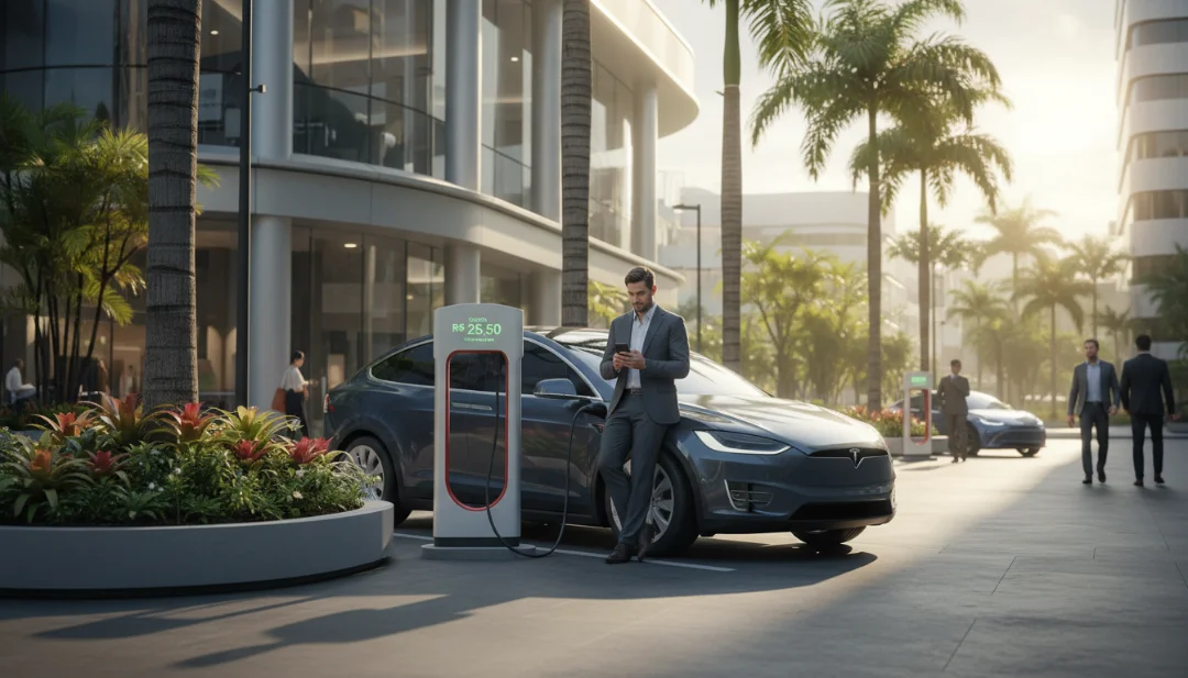 Infographic/Lifestyle: A modern lifestyle scene at a public charging station in an upscale Brazilian commercial area. A business person is leaning against a sleek electric SUV, looking thoughtfully at a smartphone app showing charging costs. The setting is bright and clean with contemporary architecture and lush urban greenery. Soft afternoon sunlight, cinematic composition, high-end photography style, 4k.