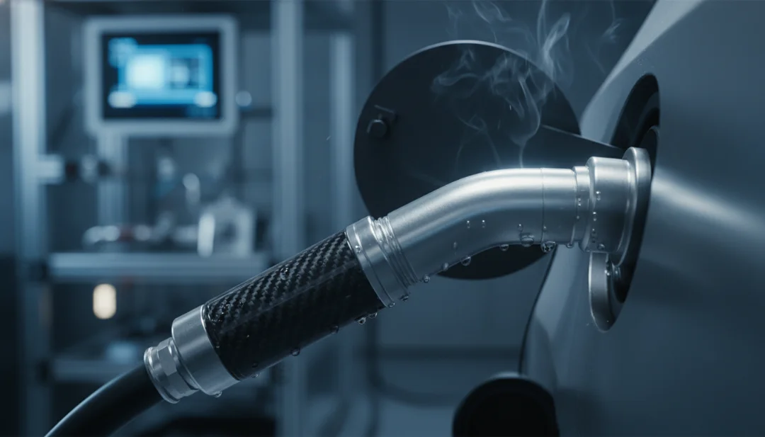 Macro detail shot of a high-pressure 700 bar hydrogen refueling nozzle being connected to a car's fuel port. Focus on the brushed aluminum and carbon fiber textures of the connector. Small droplets of condensation and faint wisps of water vapor are visible around the seal. Shallow depth of field with a soft bokeh background of a high-tech laboratory. Cinematic blue and silver lighting, 4k, hyper-realistic, industrial design aesthetic.