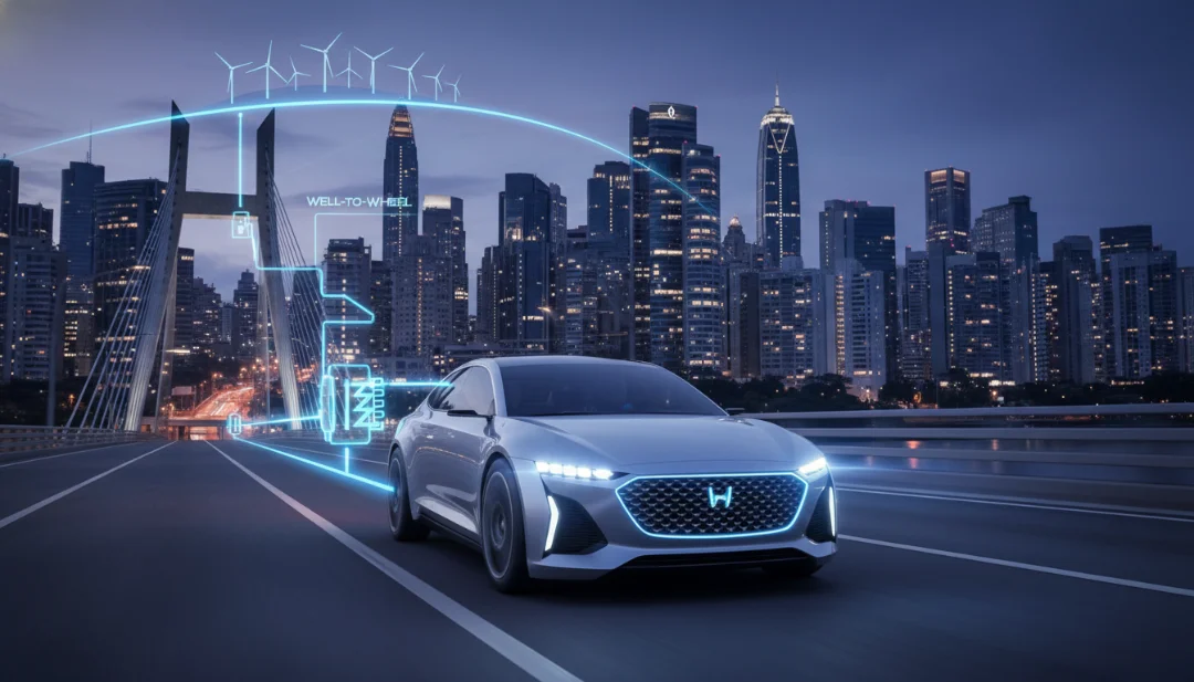 Action shot of a sleek FCEV vehicle driving through a modern Brazilian city bridge during the blue hour. The car's movement creates a slight motion blur against the city lights. A transparent overlay effect subtly illustrates the 'Well-to-Wheel' energy flow from a distant wind farm to the car's motor. Cinematic lighting, sharp focus on the car's front grille and LED headlights, 4k, realistic atmosphere, high contrast.