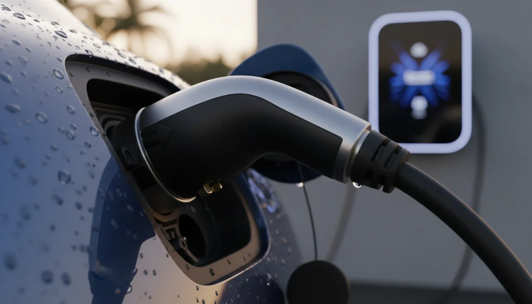 Macro detail shot of a high-quality EV charging connector being plugged into a car's charging port. Focus on the premium matte texture of the rubber cable and the precision-engineered metallic pins. Tiny droplets of morning dew on the car's metallic paint reflect the tropical sunlight. Depth of field with a blurred high-tech charger in the background. 4k, sharp focus, realistic textures.