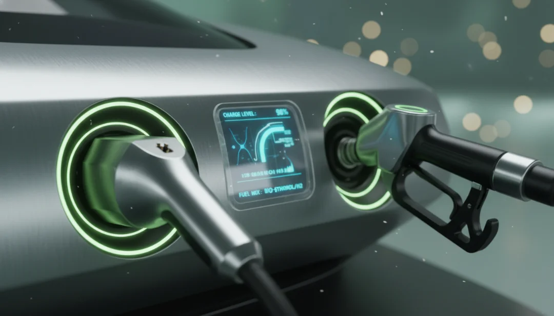 Macro detail shot of a high-tech vehicle's fuel and energy interface. A metallic charging connector and a premium fuel nozzle are shown side-by-side with soft green LED ambient lighting reflecting off polished chrome. Focus on the texture of the metal and the digital glow. Photorealistic, cinematic bokeh, 4k resolution, professional automotive studio lighting.