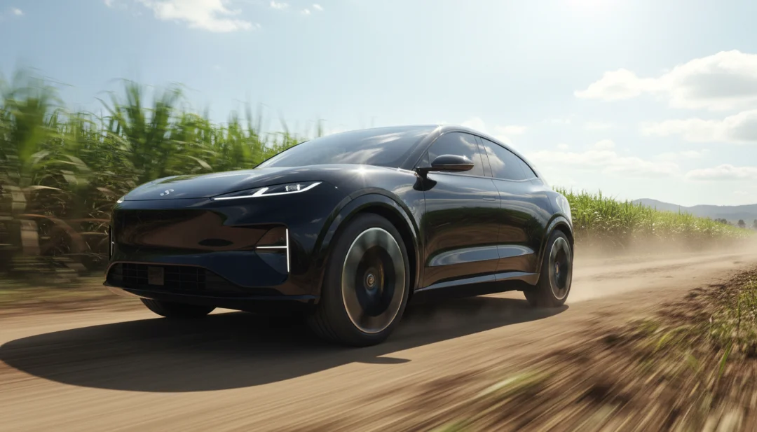 Action shot from a low angle showing a modern vehicle cruising through a vast, vibrant green sugarcane plantation under a bright midday sun. Motion blur on the spinning wheels and the road surface. Reflections of the blue sky and green stalks on the car's obsidian-colored paint. Cinematic realism, 4k, sharp focus on the vehicle's movement in its natural production environment.