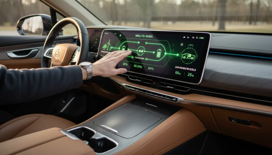 Lifestyle interior shot of a driver’s hand touching a large, high-definition dashboard screen. The interface displays a sophisticated 'Well-to-Wheel' infographic with glowing green flow charts showing energy moving from a renewable source to the car's drivetrain. Premium car interior with leather and brushed aluminum accents, soft natural light, shallow depth of field, 4k, photorealistic.