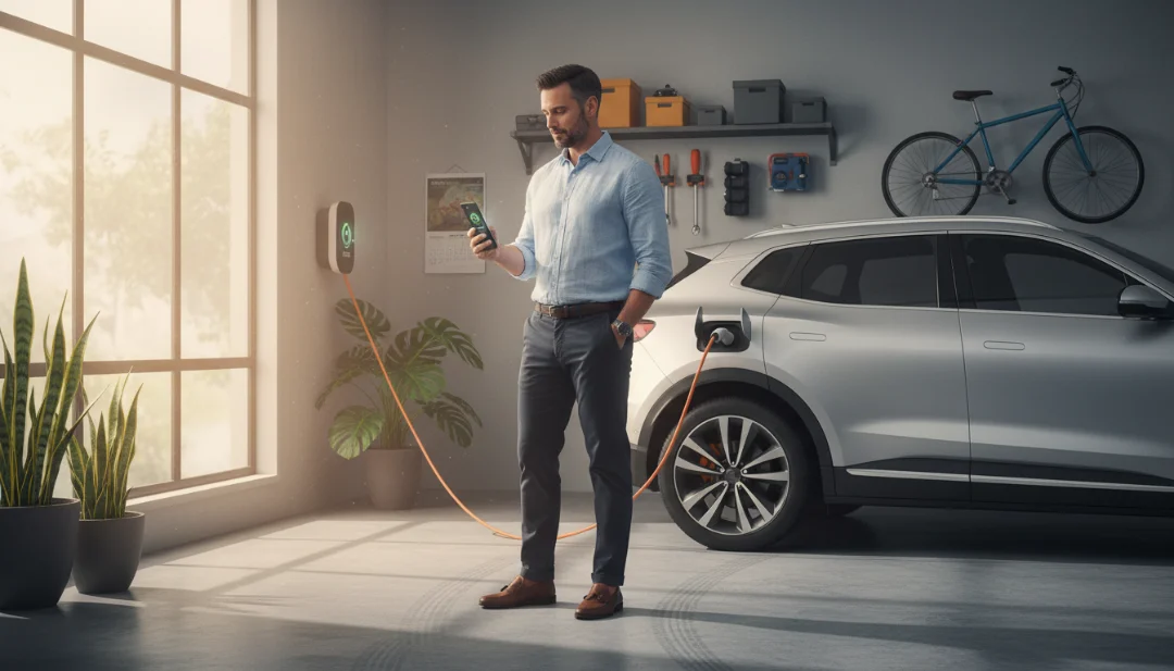 A lifestyle action shot of a professional man in his 30s standing in a brightly lit modern garage, checking a charging app on his smartphone while his electric SUV charges in the background. The scene depicts a daily routine in 2025 Brazil. Soft natural light filters through a side window, highlighting the interaction between the user and the smart technology. High detail, photorealistic, 4k, authentic atmosphere.