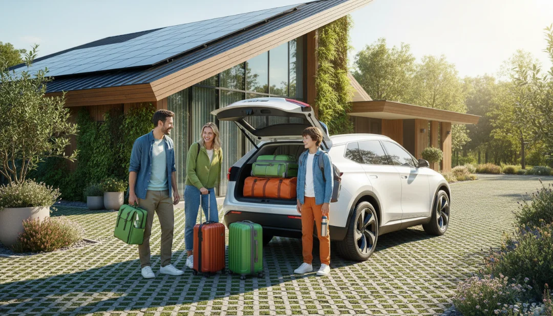 Lifestyle photography of a modern family loading luggage into the trunk of a white hybrid flex vehicle parked in a sustainable architectural home driveway. The house features solar panels and vertical gardens. Bright, airy atmosphere, natural sunlight, vibrant colors, emphasizing a clean and sustainable future, 4k, highly detailed.