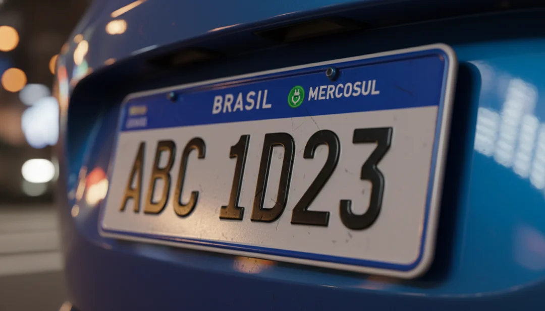 Macro close-up shot of a modern Brazilian Mercosul license plate on a metallic blue electric vehicle. The focus is sharp on the plate's texture and the green accents indicating an EV. Subtle reflections of the São Paulo street lights are visible on the polished car body. High-end automotive photography, bokeh background, cinematic lighting, 4k.