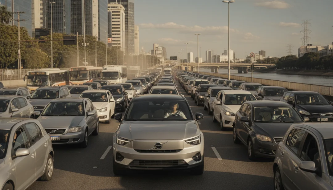 A street-level action shot on Marginal Pinheiros during peak rush hour. A silver Volvo EX30 electric car is moving confidently through a sea of stopped vehicles and buses. The driver is visible through the side window, looking calm and relaxed. Realistic urban environment with heat haze from other exhausts, professional color grading, photorealistic, shot on 35mm lens.
