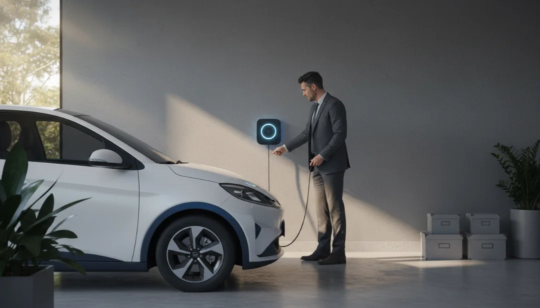 A lifestyle shot in a high-end residential garage in São Paulo. A modern wallbox charger is mounted on a clean concrete wall, its LED ring glowing soft blue. A professional man in a suit is effortlessly disconnecting the charging cable from a BYD Dolphin. Warm morning sunlight filters through a window, highlighting the clean, sustainable lifestyle. 4k, hyper-realistic, interior architectural photography.
