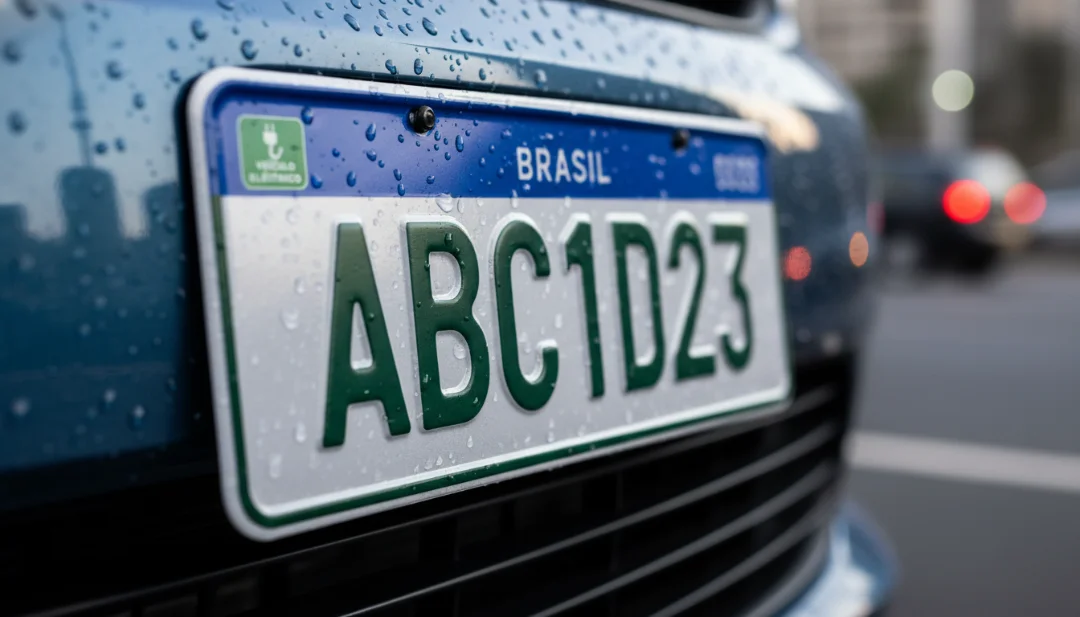 A detailed macro shot of a modern Brazilian license plate with green characters signifying an electric vehicle, mounted on a metallic blue car bumper with subtle reflections of the São Paulo skyline. Water droplets on the car surface add texture. Extremely sharp focus, bokeh background of city traffic lights, 4k, realistic texture and material rendering.