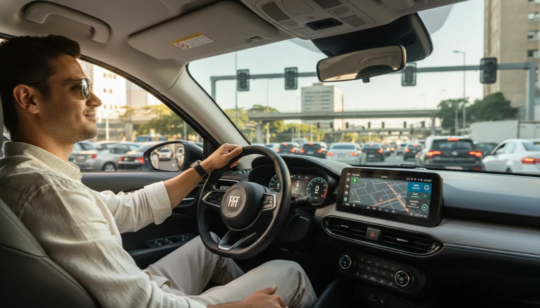 An interior lifestyle shot from the perspective of the passenger seat, showing a relaxed driver in a Fiat Fastback Hybrid. The driver is calmly navigating through the busy Avenida 23 de Maio corridor while traffic cameras are visible through the windshield. The dashboard digital interface is clear and modern. Natural morning light, shallow depth of field, high-end commercial photography style.
