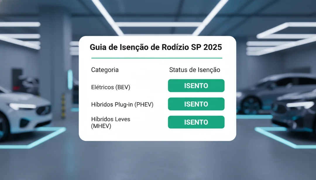 A clean, professional infographic image designed for a tech magazine. The image features a minimalist table titled 'Guia de Isenção de Rodízio SP 2025'. Columns labeled 'Categoria' and 'Status de Isenção'. Rows include 'Elétricos (BEV)', 'Híbridos Plug-in (PHEV)', and 'Híbridos Leves (MHEV)', each with a bright green 'ISENTO' badge. The background is a blurred, high-tech garage. Clean typography, no spelling errors, 4k resolution.