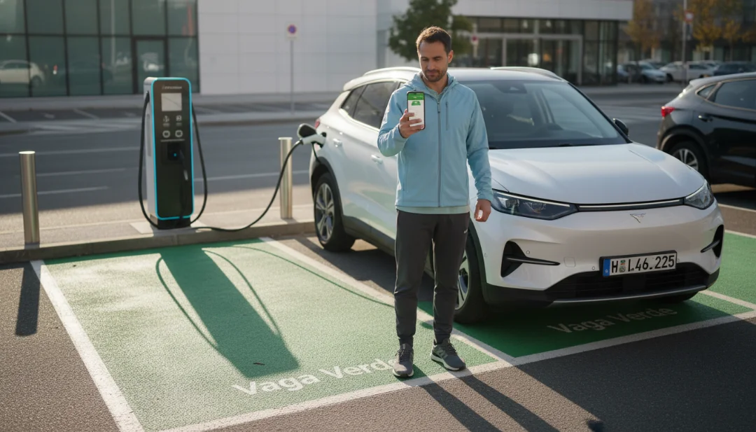 A lifestyle action shot of a person standing next to their electric SUV in a modern, sun-drenched parking lot marked with green 'Vaga Verde' paint. The person is holding a smartphone, looking at a digital parking app interface. In the background, a sleek public charging station is visible. Natural morning light, realistic shadows, depth of field, 4k.