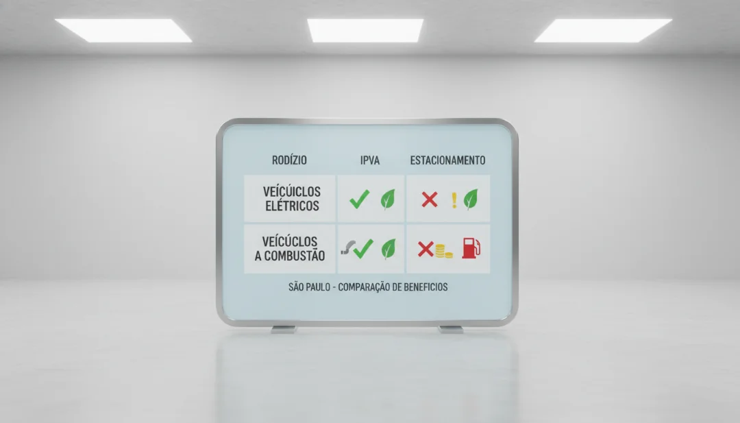 A professional 3D infographic board presented in a minimalist studio setting. The board displays a clean comparison table between Electric Vehicles and Combustion Vehicles in Sao Paulo. Columns titled 'Rodizio', 'IPVA', and 'Estacionamento' show checkmarks and icons. The text is clean, professional, and legible. Soft studio lighting, sharp focus, high-quality graphic design aesthetic.
