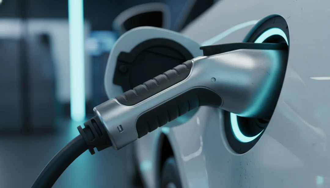 Extreme close-up macro shot of a high-quality Type 2 electric vehicle charging connector plugged into a car's side port. The focus is on the rugged, weather-resistant texture of the IP65-rated handle and the intricate metallic pins. A soft cyan LED glow emanates from the charging port's status ring, reflecting off the car's pearlescent paint. Shallow depth of field with a blurred, high-tech garage background. Hyper-realistic, 4k, cinematic textures, sharp focus.