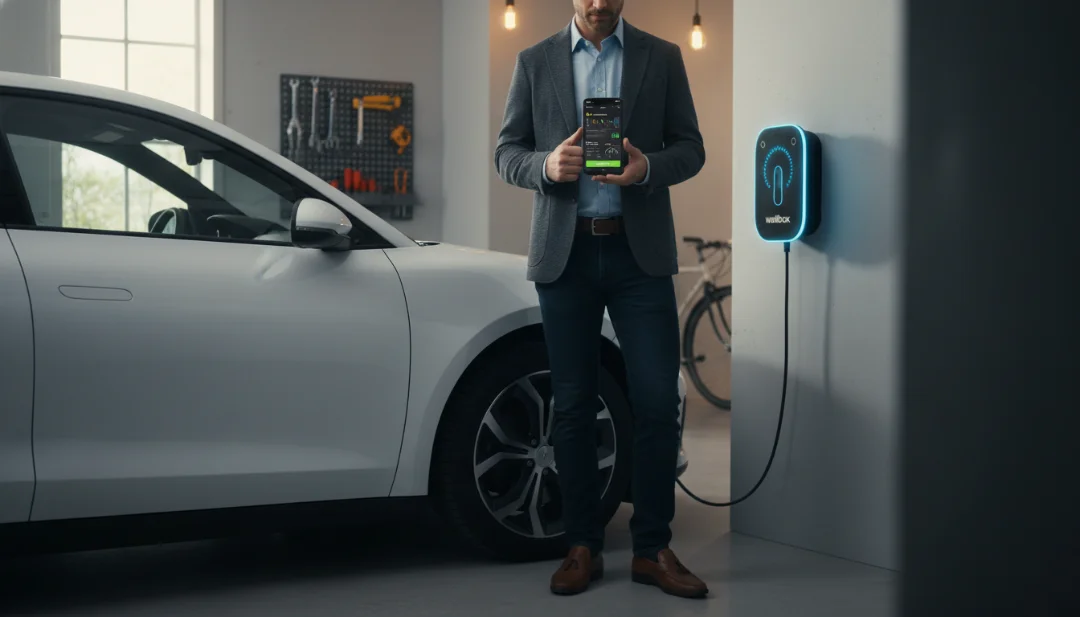A person in professional-casual attire standing next to an electric vehicle in a residential garage, interacting with a smartphone app. The phone screen displays a sophisticated energy management dashboard with real-time charging graphs and a 'Charge Scheduled' notification. In the background, the Wallbox is active with a pulsing blue light. The scene captures the convenience of smart home integration. Natural daylight mixed with soft indoor spotlights, photorealistic, lifestyle photography, 4k.
