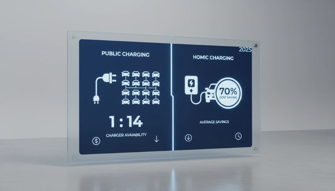 A professional 3D infographic design presented as a clean, studio-lit display board comparing Home Charging vs. Public Charging data for 2025. The image features sleek icons and sharp, legible typography. One side shows a '1:14' ratio icon for public chargers, and the other side shows a 'Home Wallbox' icon with a 70% cost-saving badge. Minimalist UI/UX design style, clean corporate color palette of navy blue and electric white, soft shadows, 4k resolution, data visualization art.