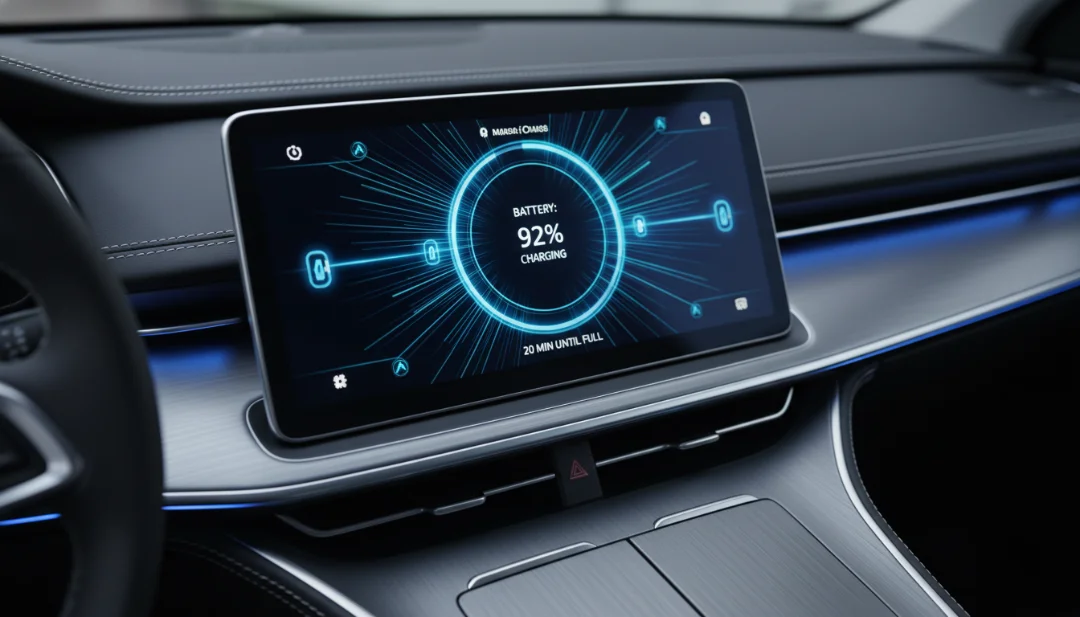 Macro close-up shot of a high-tech electric vehicle's dashboard, focusing on a large rotatable touchscreen interface showing a detailed battery usage map and charging status. Premium materials like soft-touch leather with visible stitching and brushed aluminum accents are in focus. Cinematic ambient LED lighting, ultra-detailed textures, 4k.