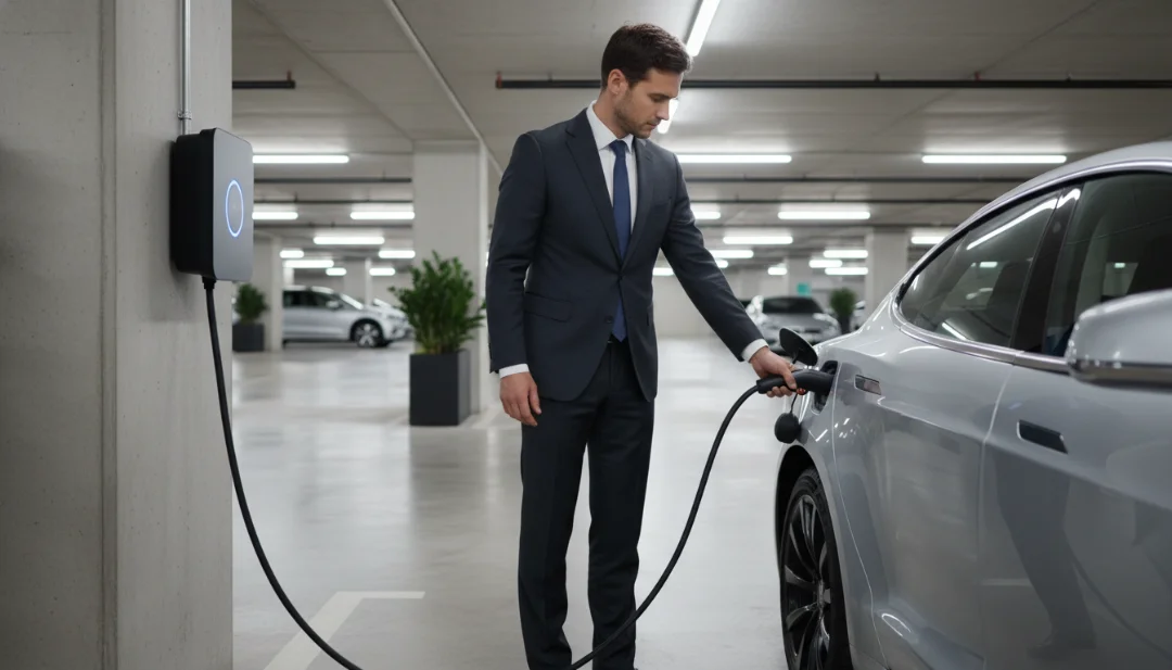 A person in professional attire plugging a sleek, modern Wallbox charger into an electric car in a well-lit, contemporary underground residential garage. The scene highlights the reality of home charging infrastructure with sharp focus on the charging port and the cable connection. Realistic lighting, high-quality textures, cinematic composition.
