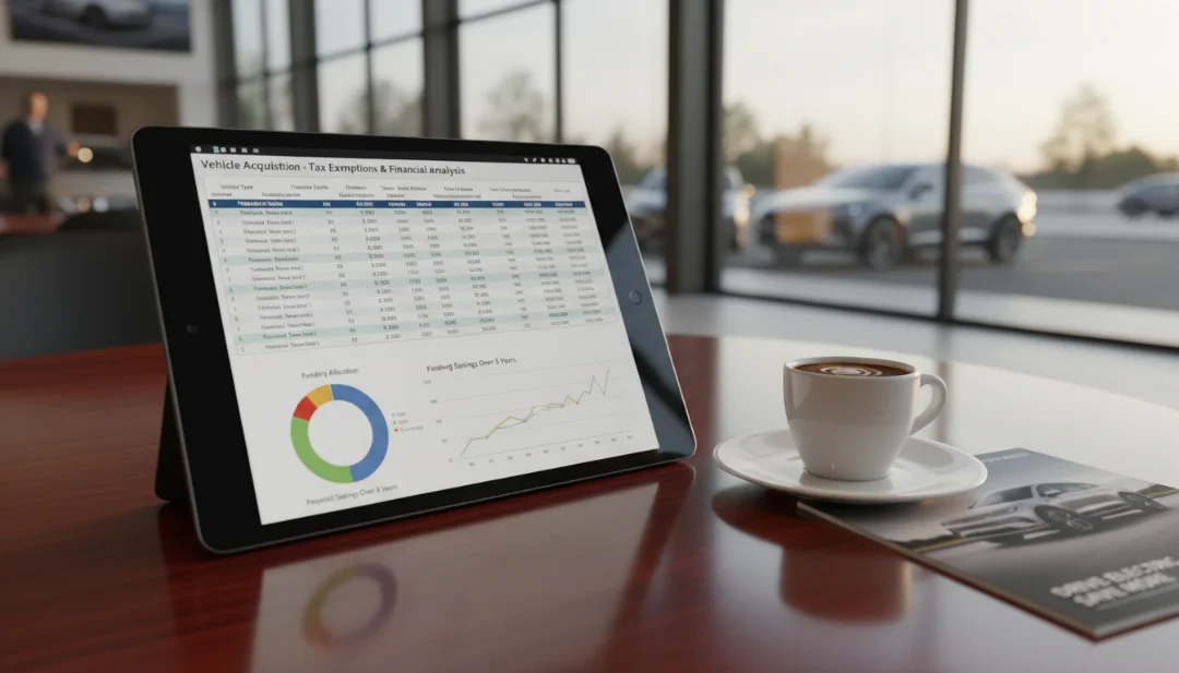 Detailed close-up of a digital tablet screen displaying a complex spreadsheet of tax exemptions and financial graphs for vehicle acquisition. The tablet rests on a polished wooden table next to a cup of espresso and a car brochure. In the blurred background, warm sunlight filters through a car dealership window during golden hour. Professional atmosphere, highly detailed textures, photorealistic.