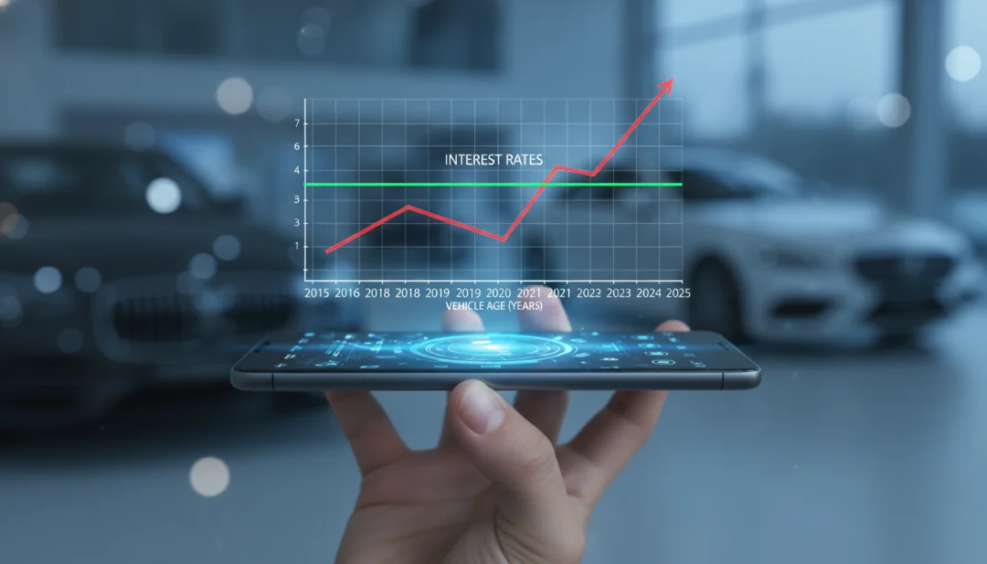 A conceptual photorealistic image of a person's hand holding a sleek smartphone in a blurred car showroom environment. A minimalist 3D holographic graph floats above the phone, showing a rising curve of interest rates correlated with vehicle age (years 2015 to 2025). The atmosphere is high-tech and sophisticated, with a bokeh background of car silhouettes and blue ambient lights.