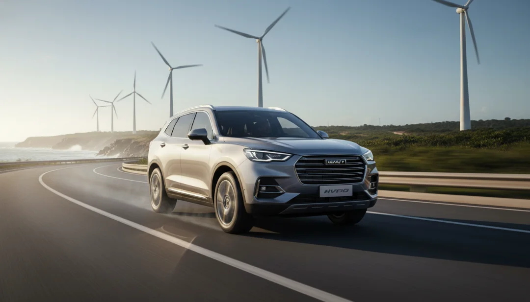 Medium action shot of a GWM Haval H6 driving along a clean, winding coastal road in Brazil with wind turbines visible on the horizon. The motion blur on the wheels suggests smooth movement, while the morning sun creates high-contrast highlights on the vehicle's curves. Sustainable energy theme, cinematic color grading, photorealistic, 4k.