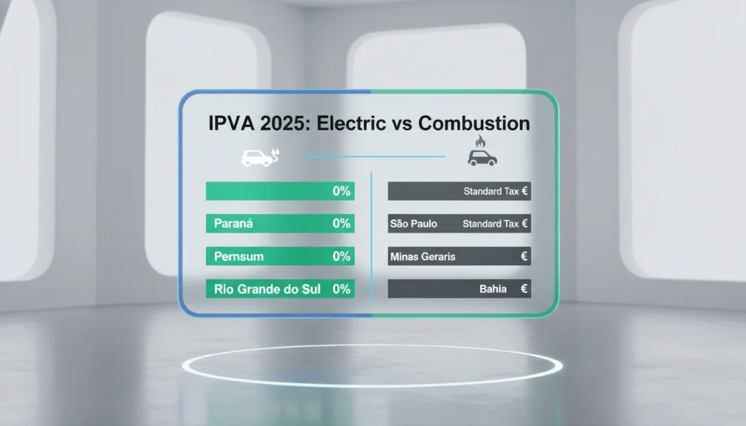 A clean, professional 3D infographic image floating in a minimalist studio space. The visual features a sleek comparison bar chart titled 'IPVA 2025: Electric vs Combustion' with glassmorphism UI elements. Green bars represent 0% tax for states like Parana and Pernambuco, while grey bars show standard taxation. Minimalist icons of electric cars and currency symbols, high-end corporate design, 4k render, sharp typography.
